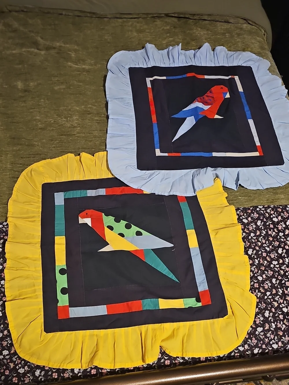 Handmade Parrot Patchwork Pillow Covers in Yellow and Light Blue